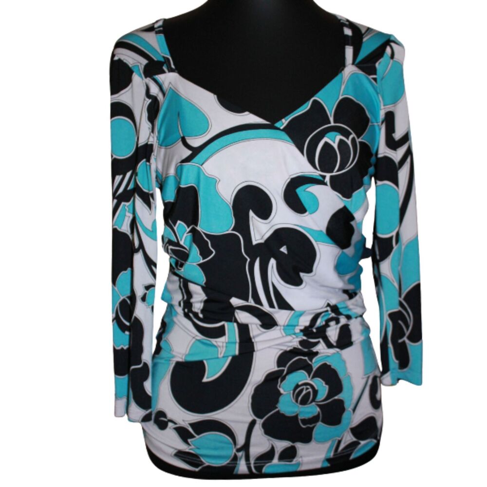 Mesmerize Blue Black Floral Y2K Going Out Top V Neck Bodycon S